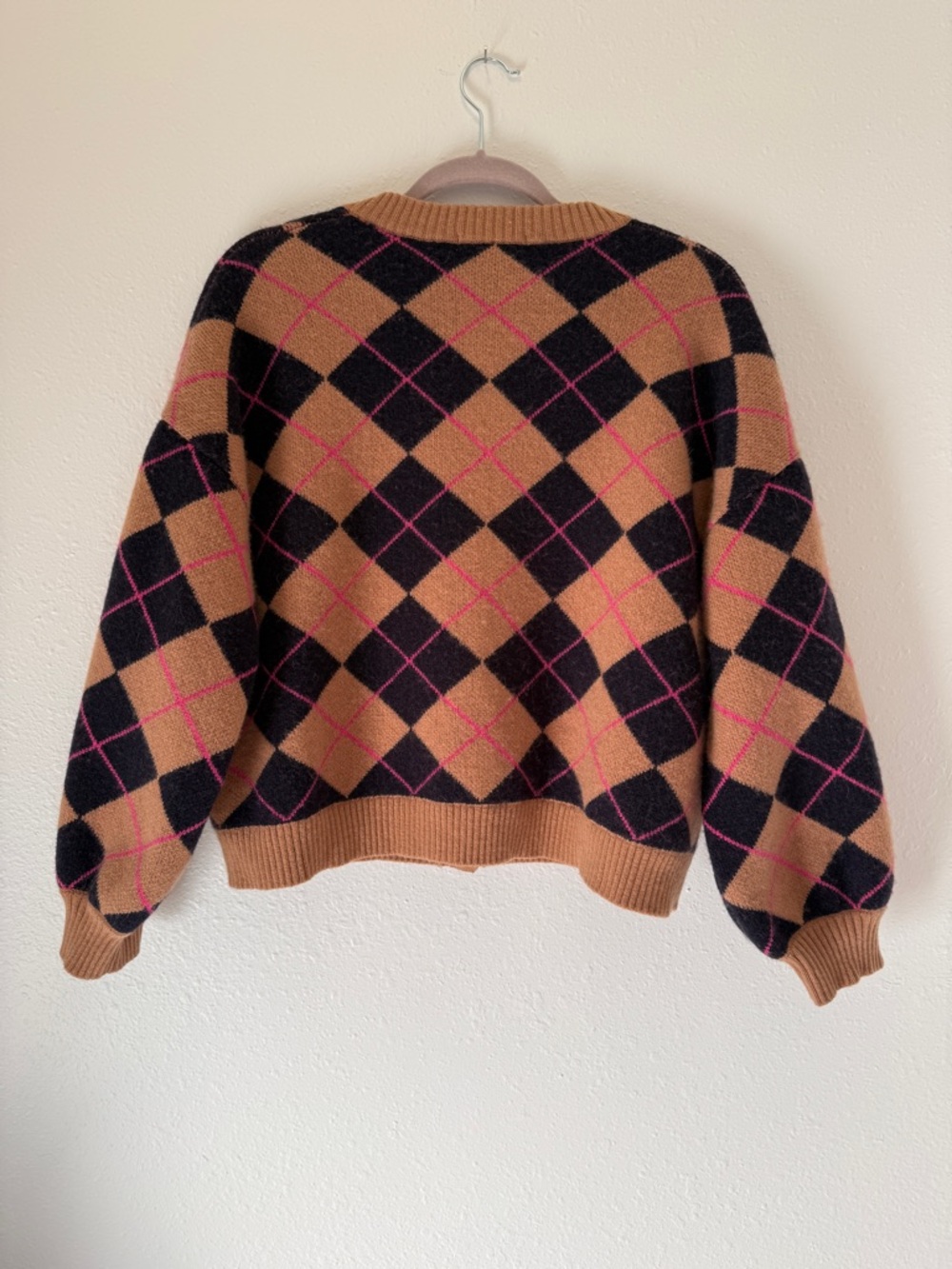Boden Abi Jacquard Wool Alpaca Cardigan Collegiate Camel Navy Argyle Size XL - Picture 6 of 12